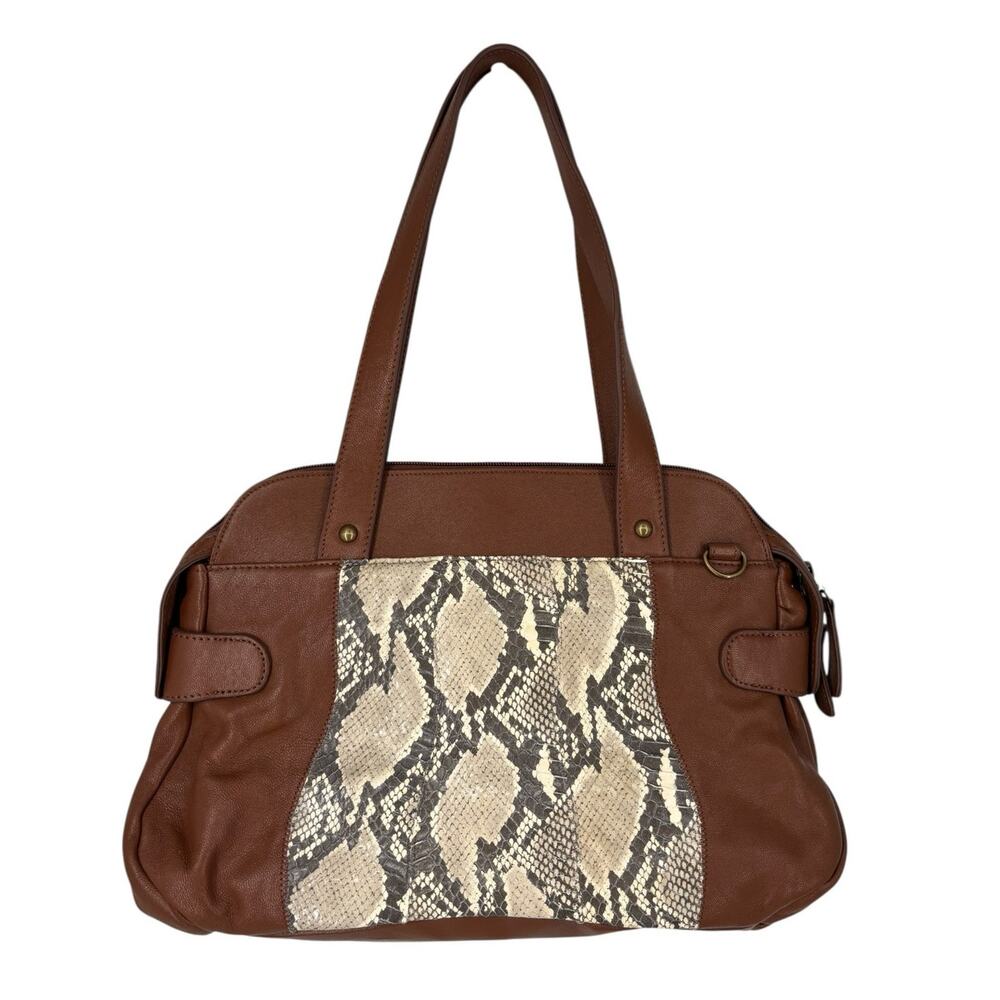 Chi By Carlos Falchi Leather Bag Satchel Brown Snakeskin Accent Boho Western